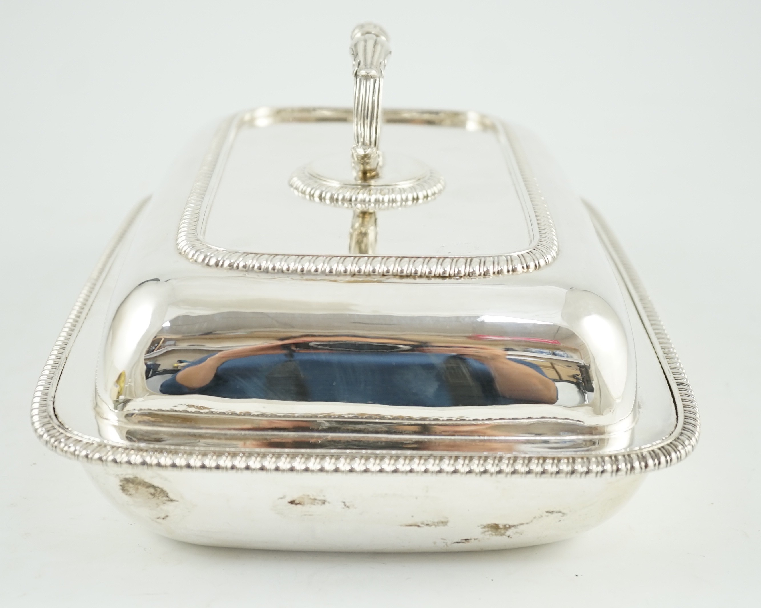 A George III silver shaped rectangular tureen, cover and handle